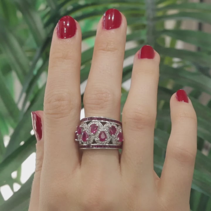 Ruby Diamond Wide Band Ring 18K White Gold 3.67 CTW Swirl Size 6 Ladies Estate