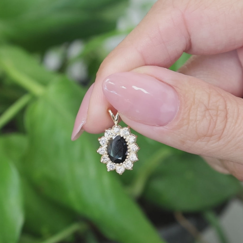 Natural 1.80CTW Blue Sapphire Diamond Halo Pendant Yellow Gold Estate