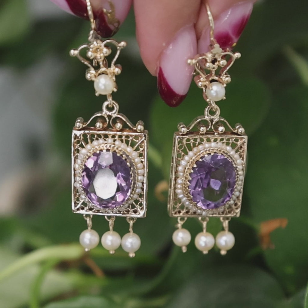 Vintage Amethyst Pearl Filigree Dangle Earrings 14K Yellow Gold 8.80 TW 2.20"