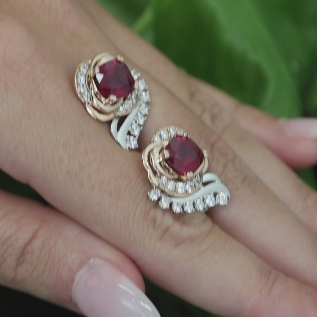 14K Rose White Two Tone Gold Ruby Diamond Earrings 4.50CTW Ladies Estate