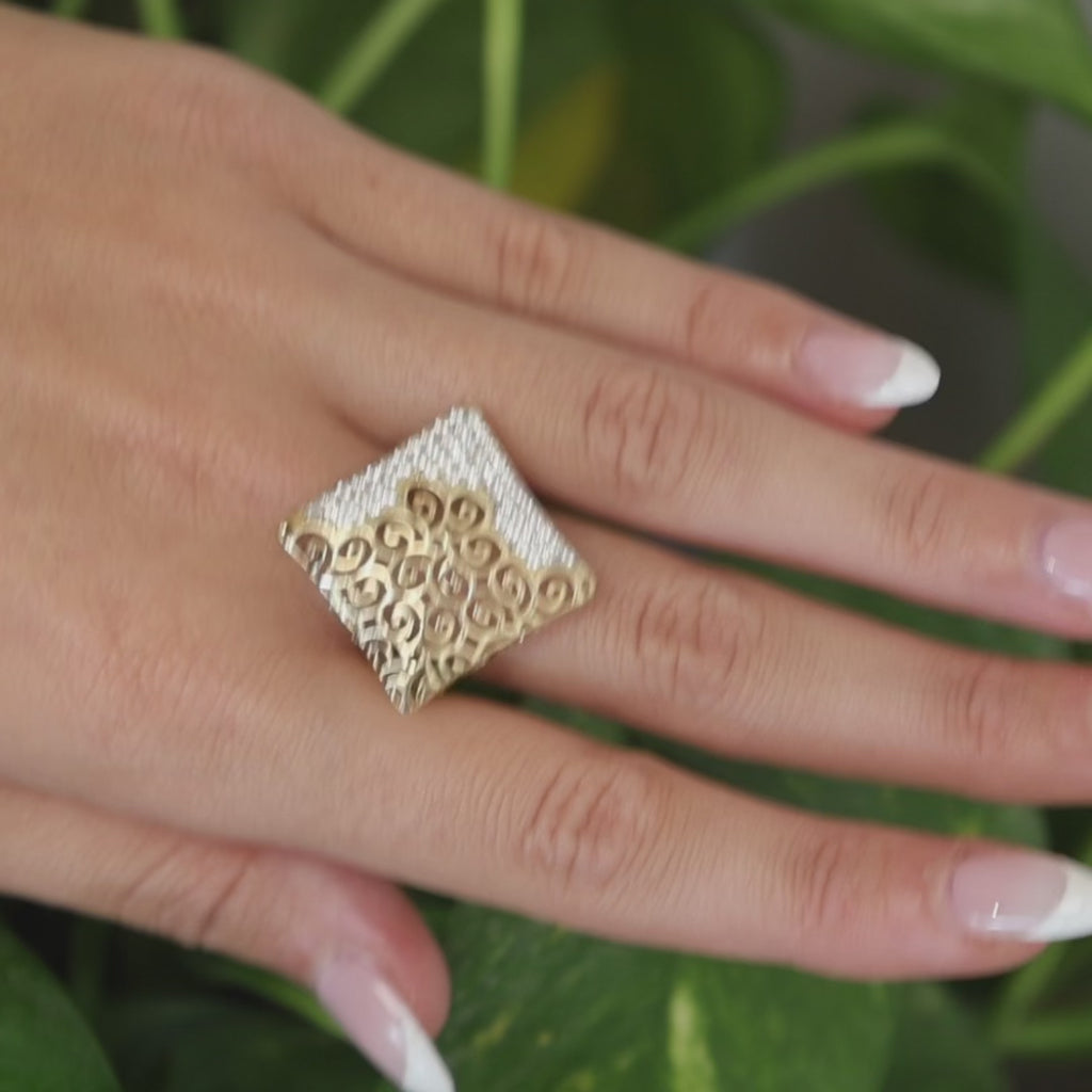 14K Yellow Gold CZ Wide Filigree Ring Size 10.5 Statement Openwork Band