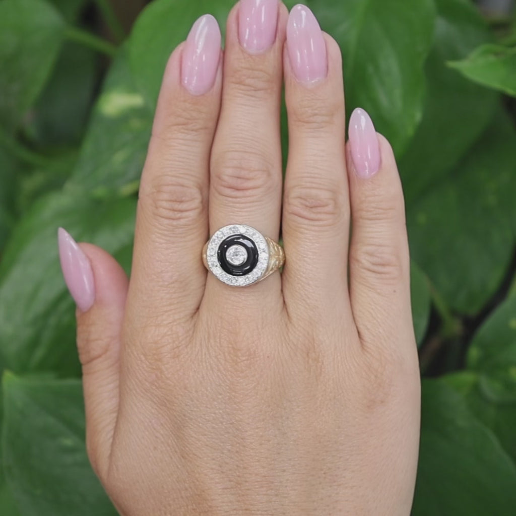 Art Deco Two Tone Gold Onyx Old European Cut Diamond Target Ring Estate 0.90CTW