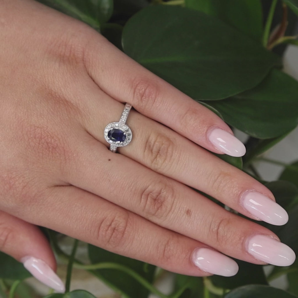 Sapphire Diamond Halo Ring 14K White Gold 1.43 CTW Size 7.25 Ladies Estate