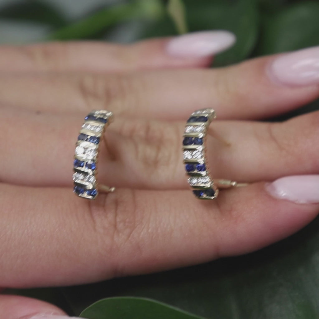 Sapphire Diamond J Hoop Earrings 14K Yellow Gold 1.29 CTW Omega Backs 0.60"