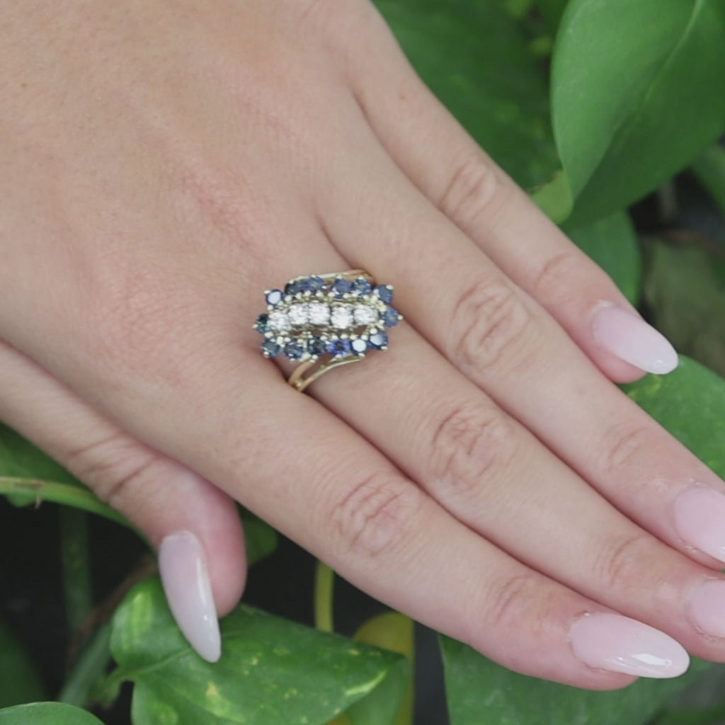 Natural Blue Sapphire Diamond Cluster Ring Yellow Gold Cocktail Size 6.5
