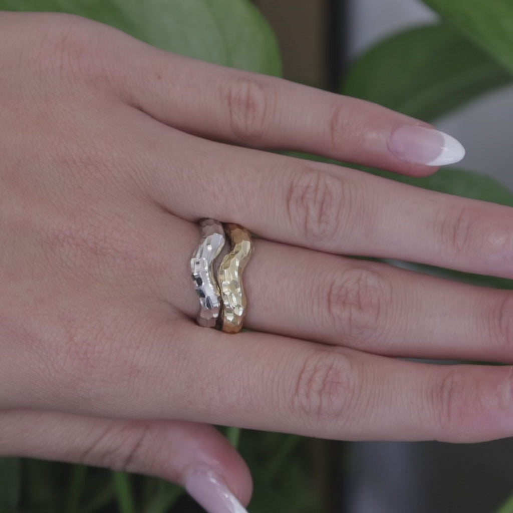 Italian Two Tone Gold Hammered Stacking Rings 18K White Yellow Gold Size 7