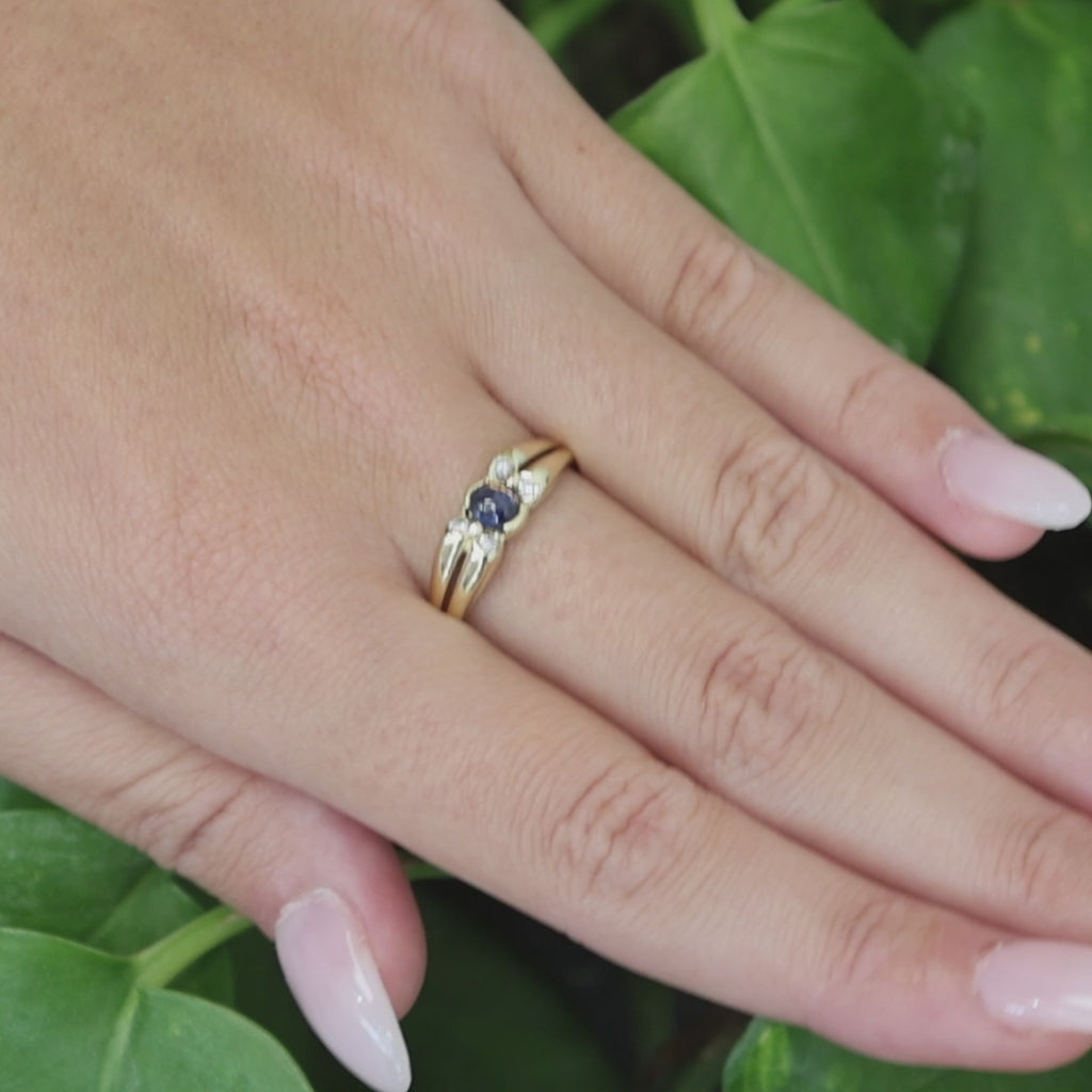 14K Yellow Gold Natural Blue Sapphire Diamond Ring Oval Cabochon Size 6