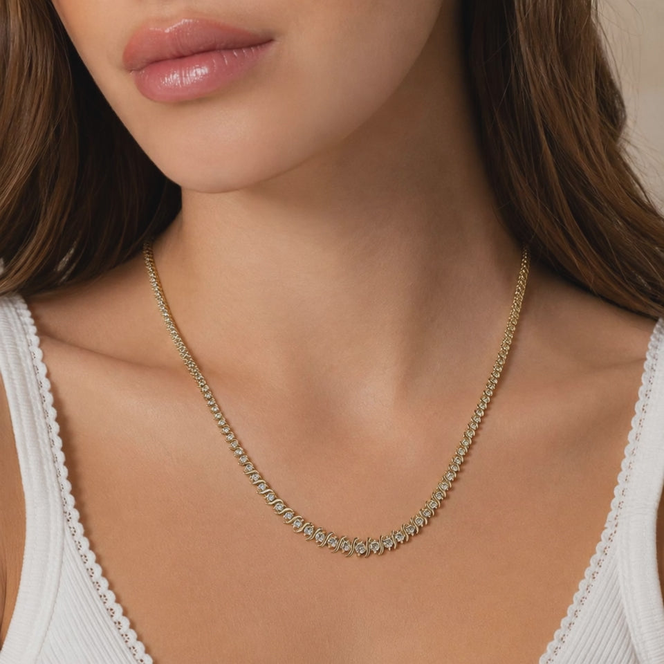 14K Yellow Gold 3.25 CTW Natural Diamond S Link Tennis Necklace 15.75" 32.6g