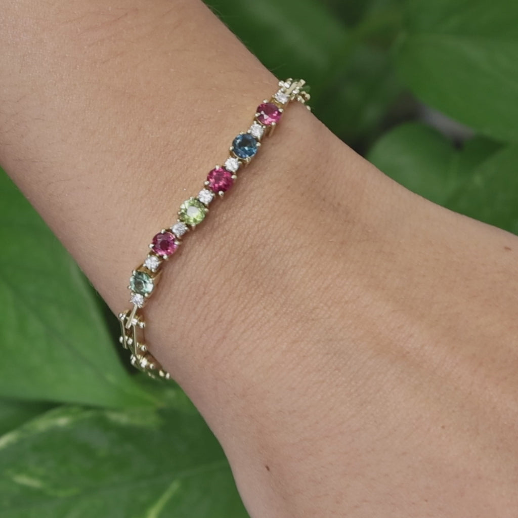 Yellow Gold Multicolored Tourmaline Diamond Tennis Bracelet 1.96CTW Estate 6"