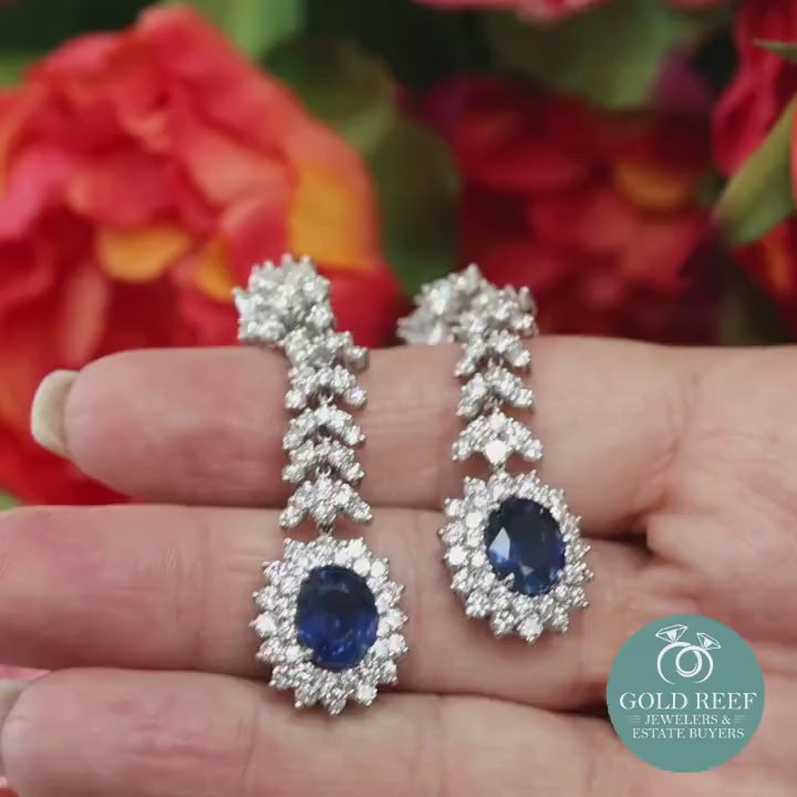 GIA Blue Sapphire Halo Diamond Floral Earrings Platinum 14K White Gold 16.81 TW