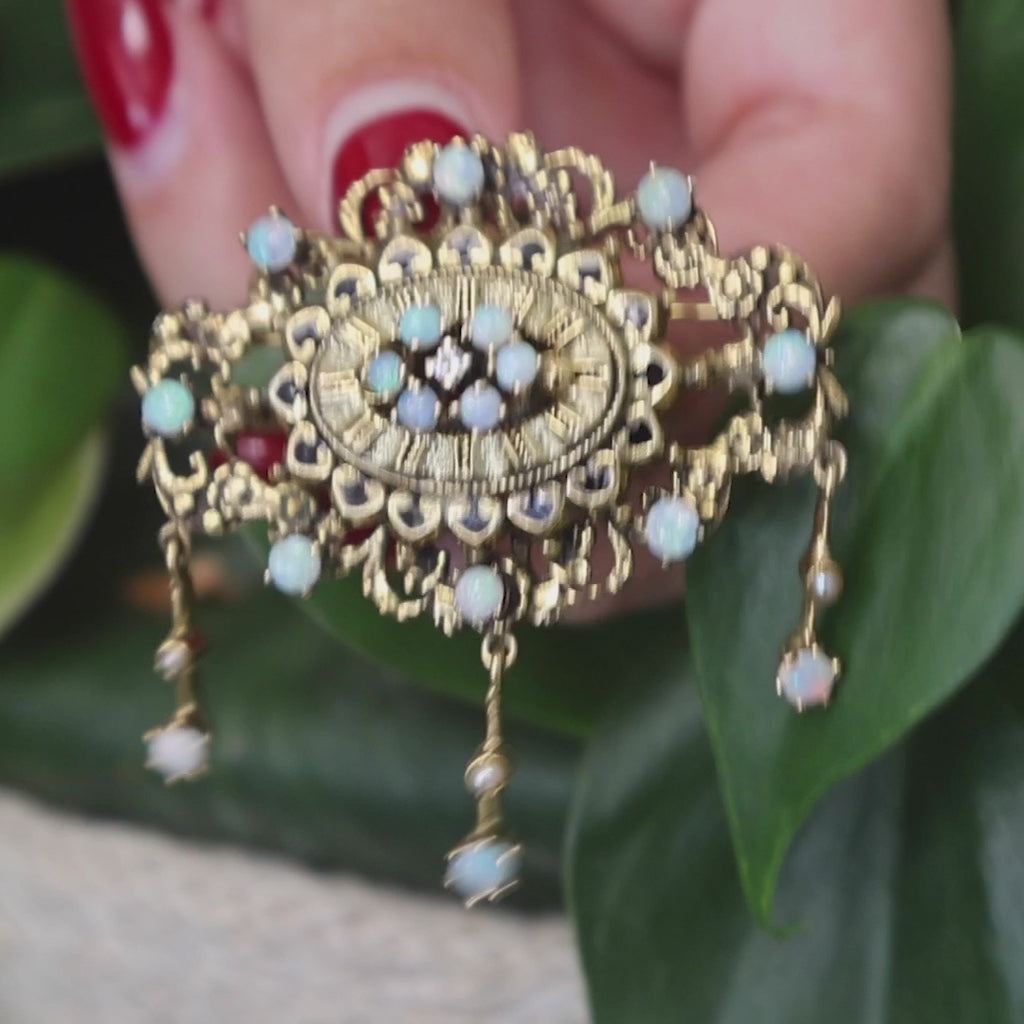 Vintage Opal Diamond Pearl Enamel Brooch Pin Pendant 14K Gold 2" Estate