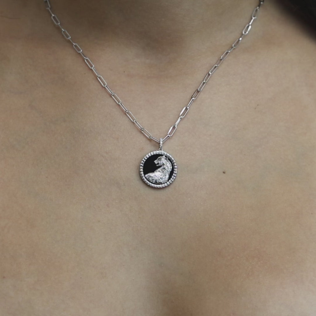 Effy Onyx Diamond Panther Pendant Paperclip Chain Necklace 14K White Gold 18"