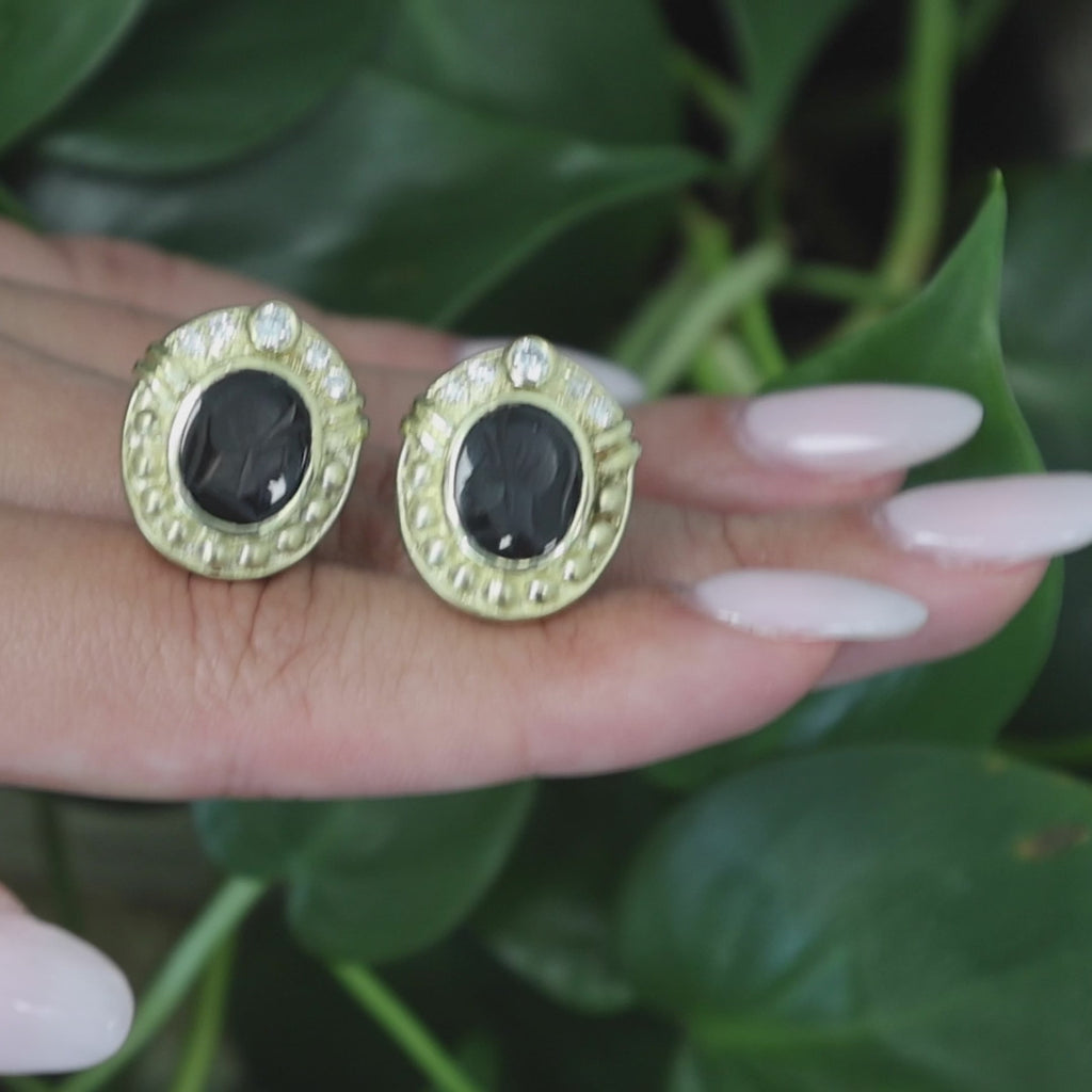 Judith Ripka Black Onyx Intaglio Diamond Clip On Earrings 18K Yellow Gold 0.78"