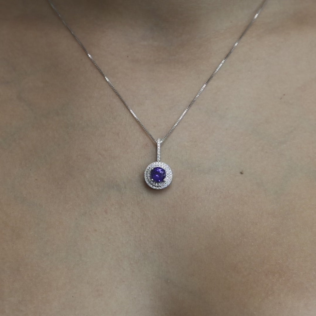 Platinum Round Tanzanite Halo Diamond Pendant Charm 1.70 CTW 0.85" Estate