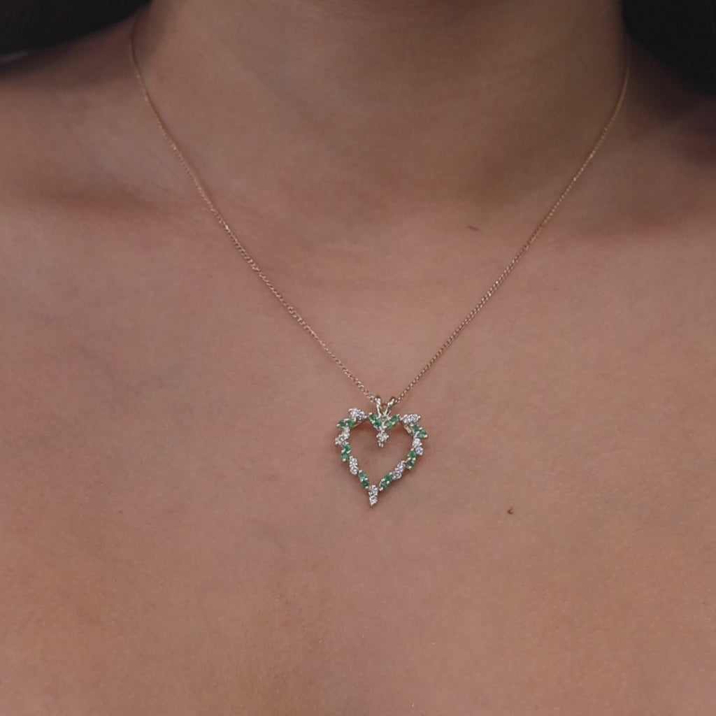 Emerald Diamond Open Heart Pendant 14K Yellow Gold 0.65 CTW 0.98" Ladies Estate