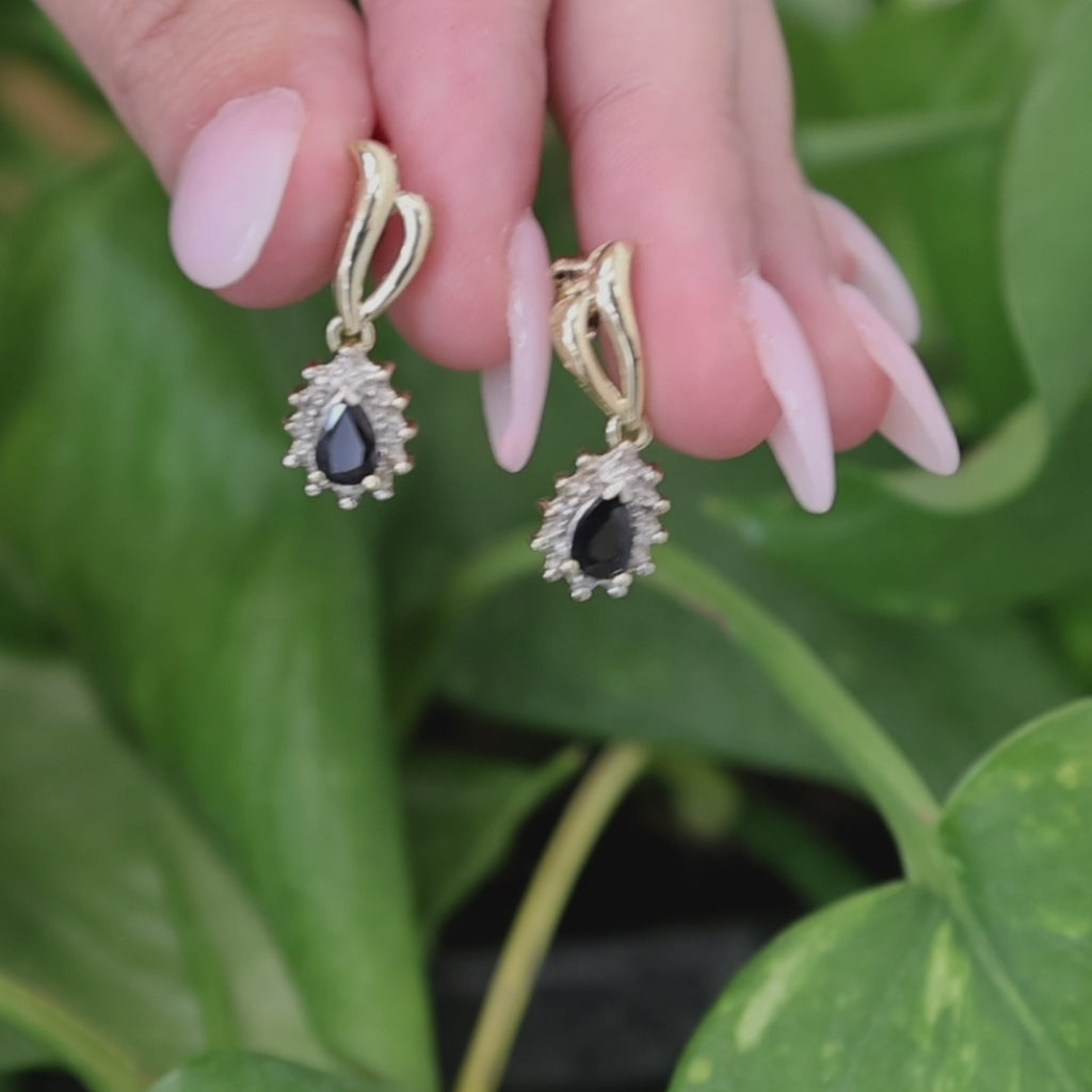 Pear Blue Sapphire Diamond Halo Drop Earrings 14K Two Tone Gold Estate 0.84CTW