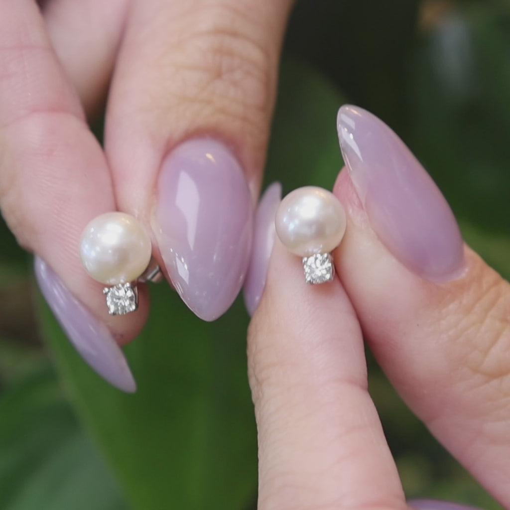 Tiffany & Co. Signature Akoya Pearl Diamond Earrings 18K White Gold 0.20 CTW
