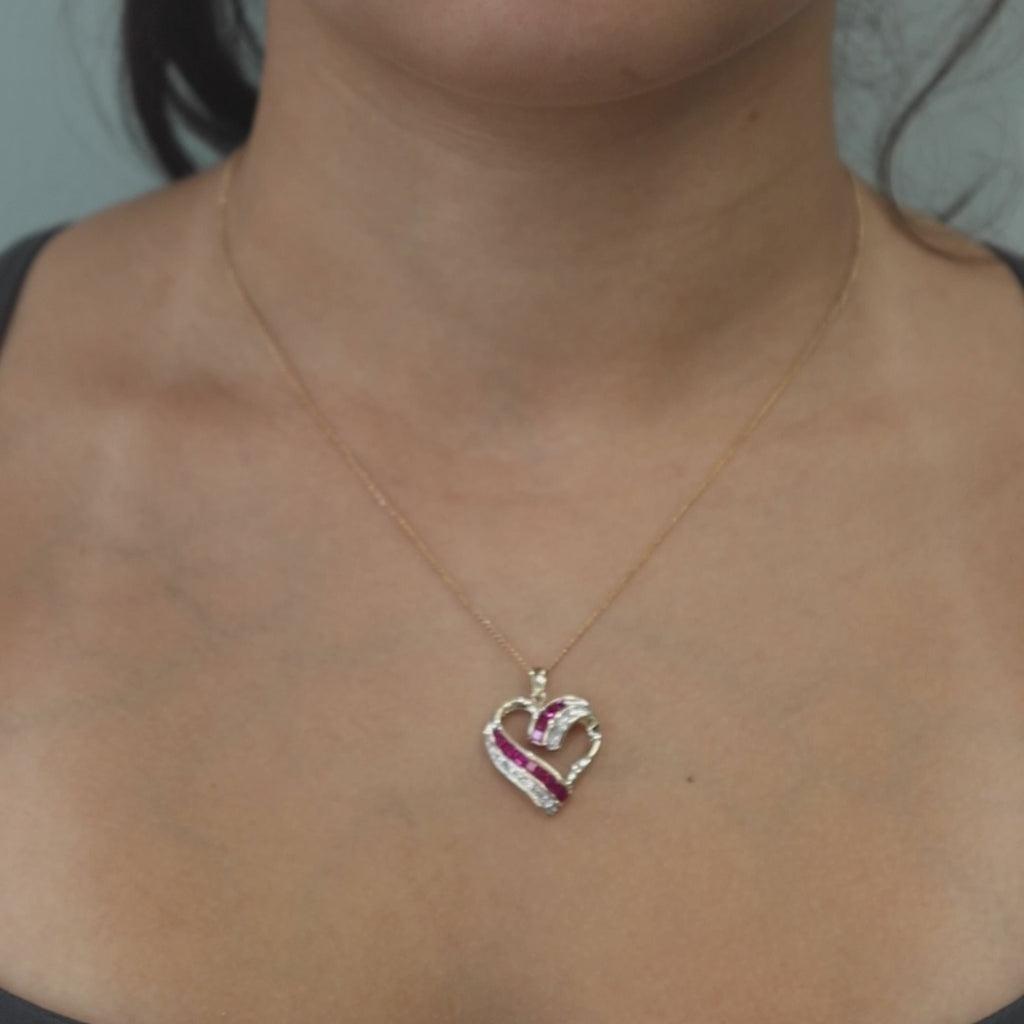 Ruby Diamond Open Heart Pendant 10K Gold 0.71 CTW Lab Grown Rubies 1.10"