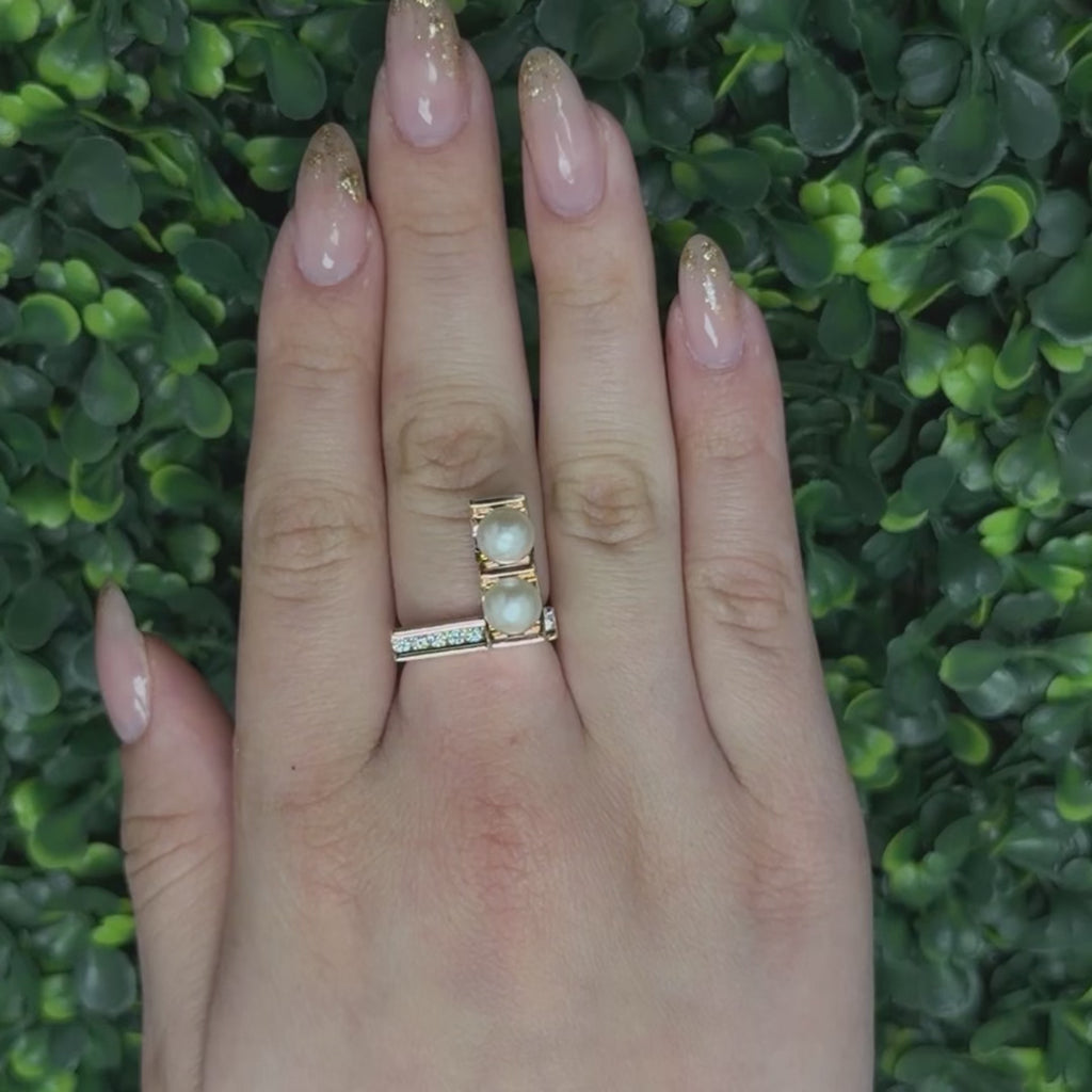 Trisko Geometric Akoya Pearl Diamond Statement Ring 14K Rose Gold SZ 7.25 Estate