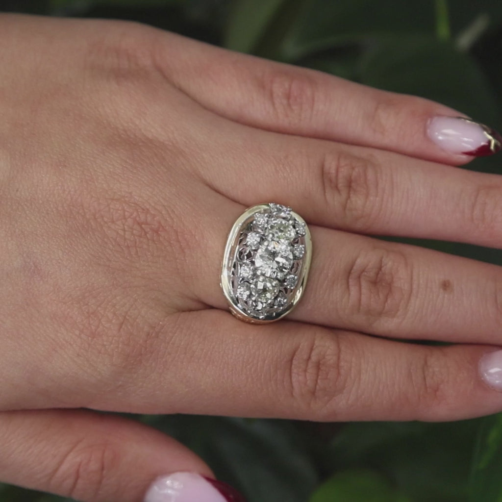 Old Euro Diamond Filigree Statement Ring Platinum 14K Gold 3.28 TW Size 9.25