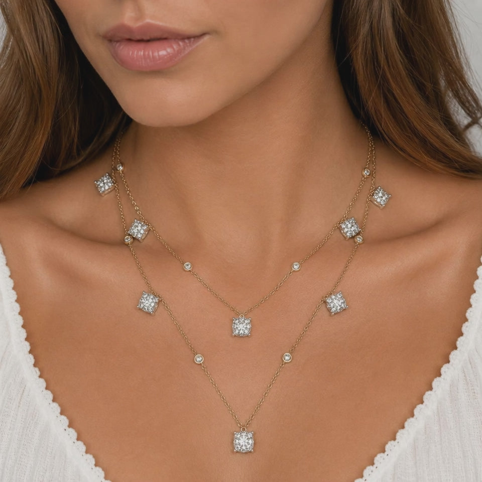 Natural Diamond Layered Station Necklace 14K Two Tone Gold 1.85 CTW 15-20"