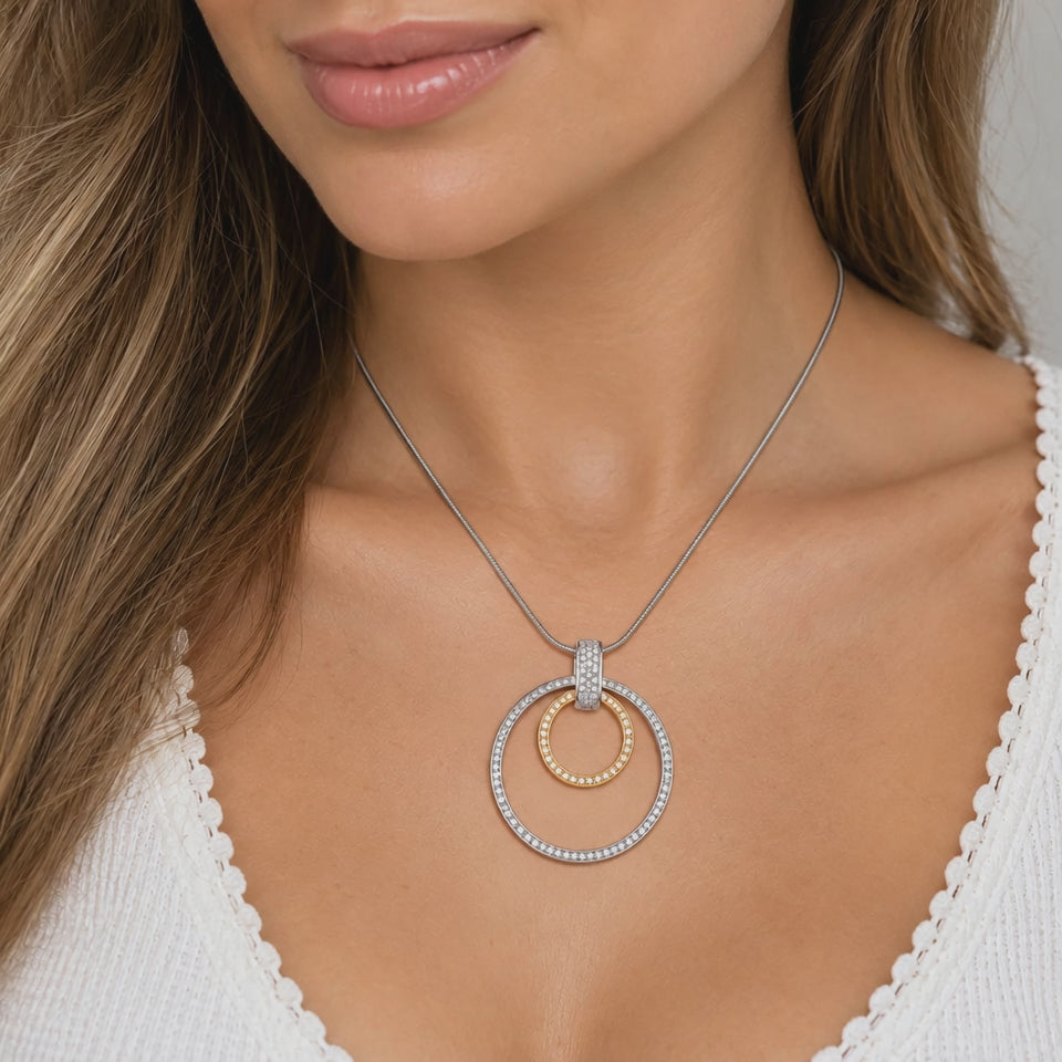 14K Two Tone Gold Natural Diamond Double Circle Pendant Necklace 1.15 CTW 16"