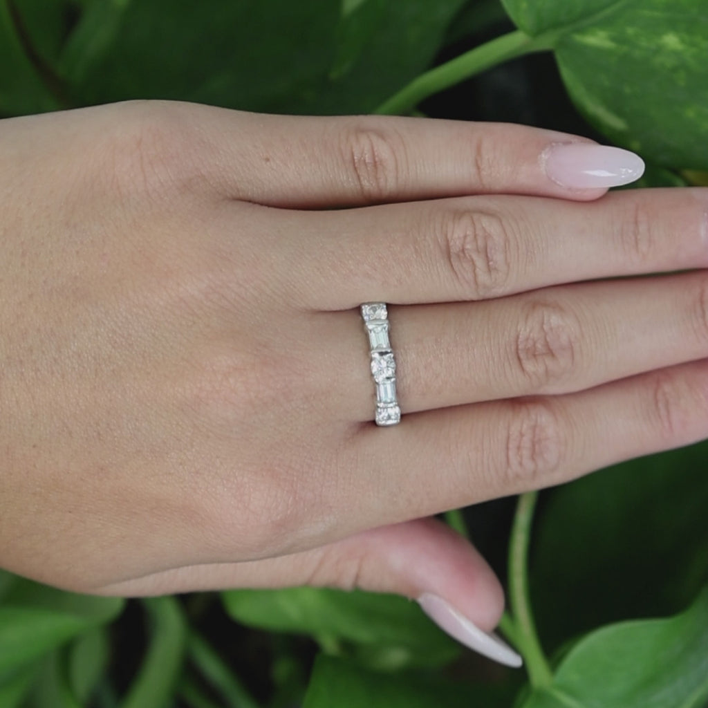 Platinum 0.70CTW Round & Baguette Diamond 5 Stone Band Ring Size 7