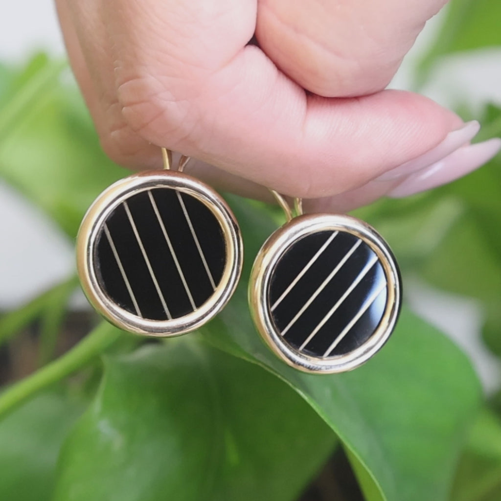 Vintage 14K Yellow Gold Black Onyx Stripe Round Omega Back Earrings 10.2g