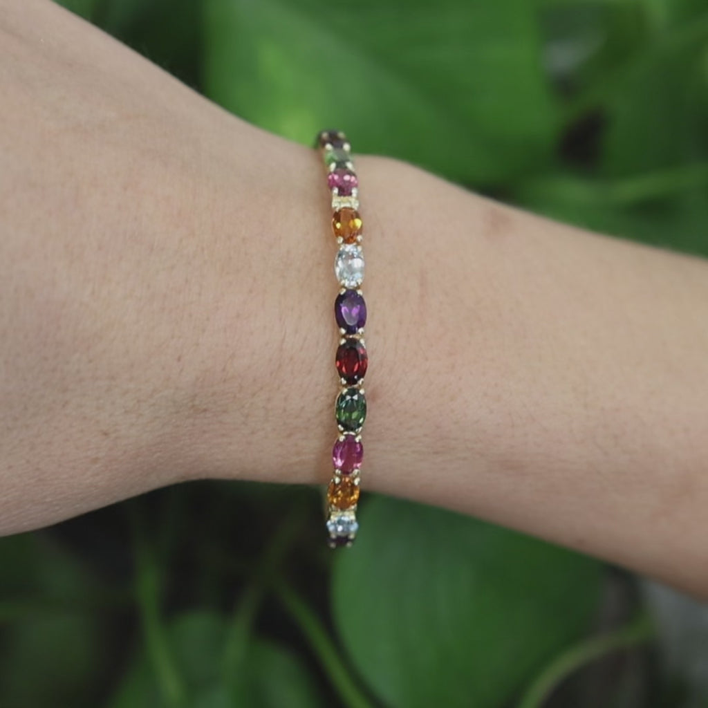 Multi Gemstone Tennis Bracelet Yellow Gold Amethyst Tourmaline Garnet Topaz 6.75
