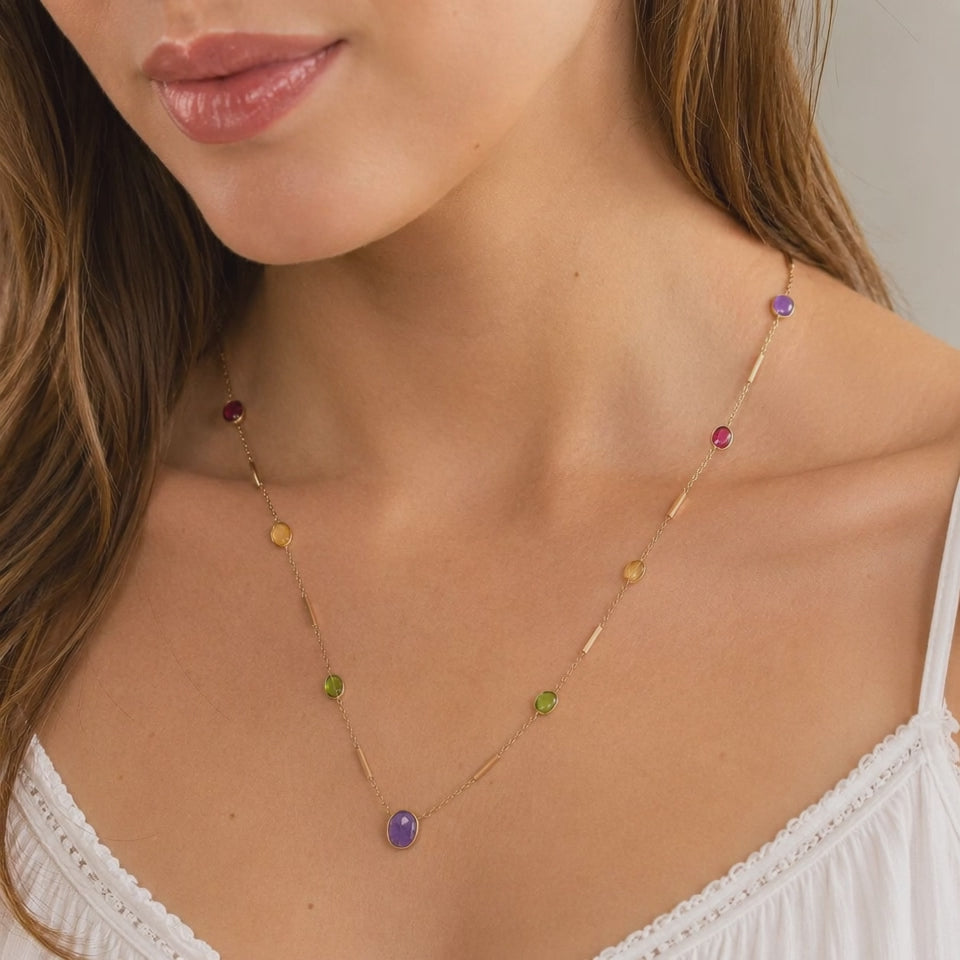 14K Gold Multi Gemstone Station Necklace 26" Garnet Peridot Citrine Amethyst