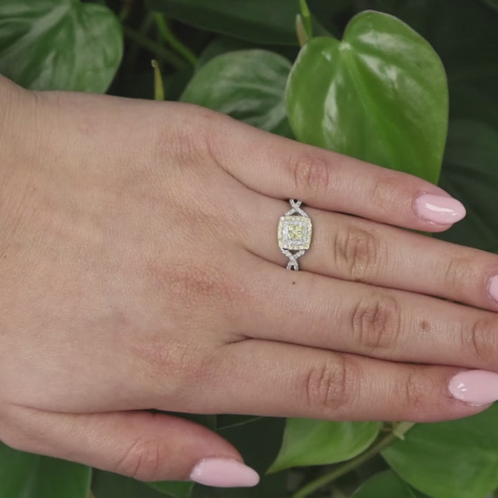 EFFY Yellow and White Halo Diamond Square Ring 14K White Gold 0.37 TW Size 7