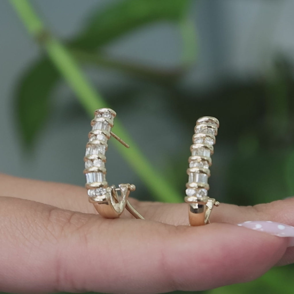 1.00 TW Diamond J Hoop Earrings 14K Yellow Gold Round Baguette 0.70" Omega Backs