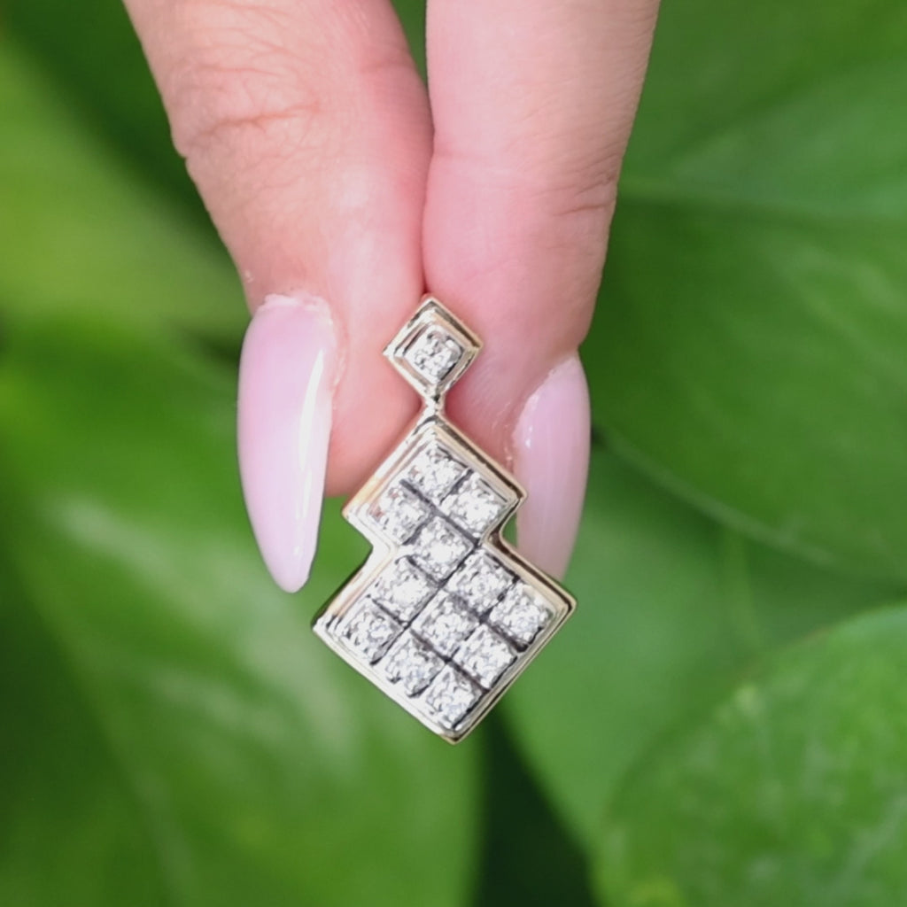 14K Two Tone Gold Diamond Geometric Pendant 0.30CTW Estate Charm 1.10"