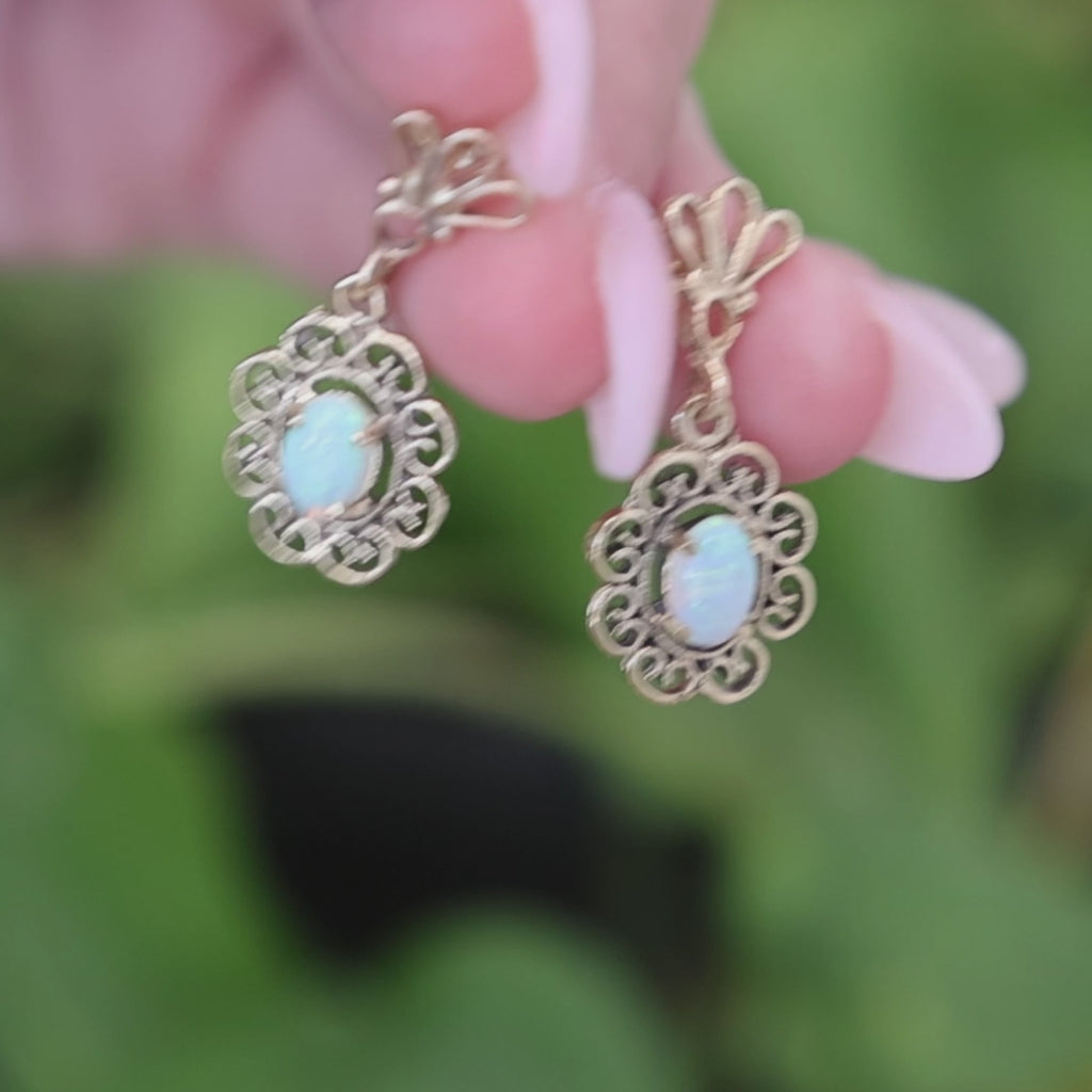 Vintage Natural Opal Filigree Dangle Earrings Yellow Gold Antique Style