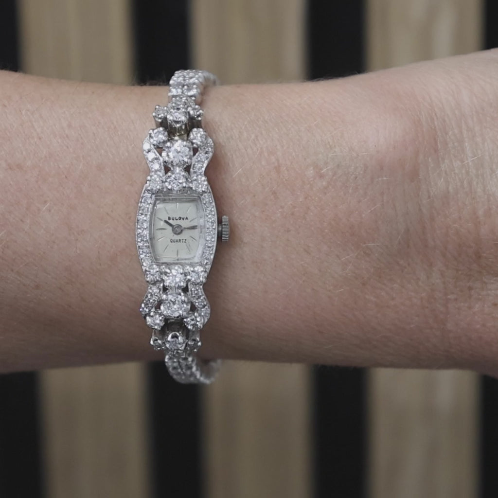 Waltham Bulova Quartz Ladies Diamond Wrist Watch White Gold 2.50 TW 6.5" Estate