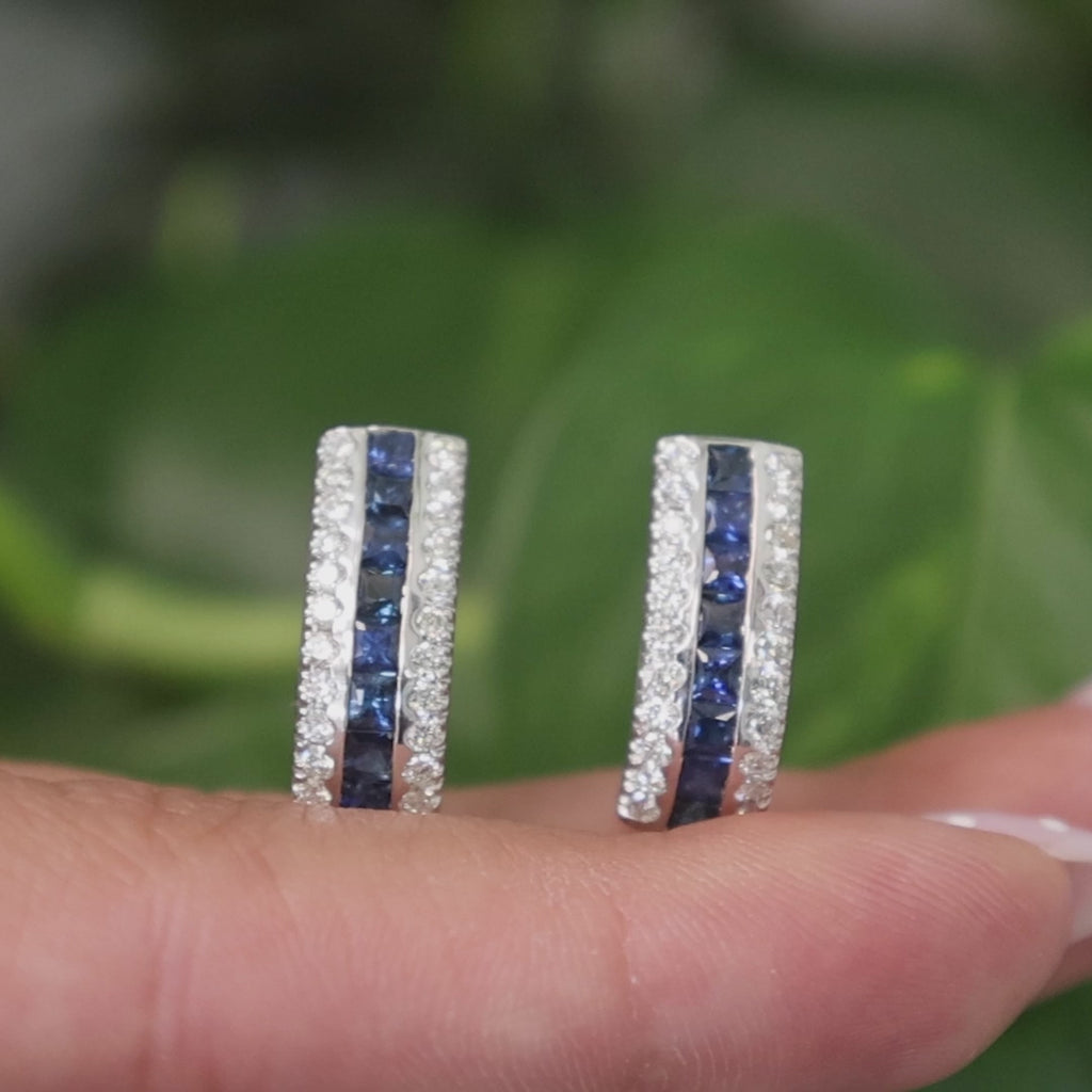 Sapphire Diamond J Hoop Earrings 14K White Gold 1.96 CTW Omega Backs 0.55"