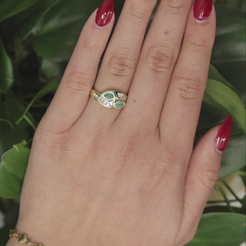 Pear Cut Emerald Diamond Bypass Ring 18K Yellow Gold 0.58 CTW Size 6.5 Ladies