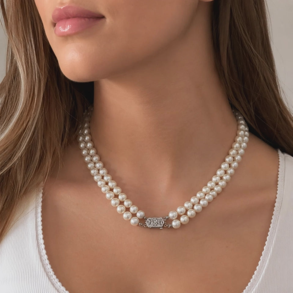 Akoya Pearl Double Strand Choker Necklace 14K White Gold Clasp 15" 7mm Estate