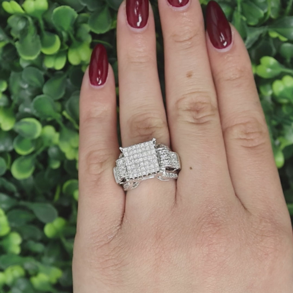 1.50 TW Princess Cut Cluster Diamond Ring 14K White Gold Round Accents Size 7