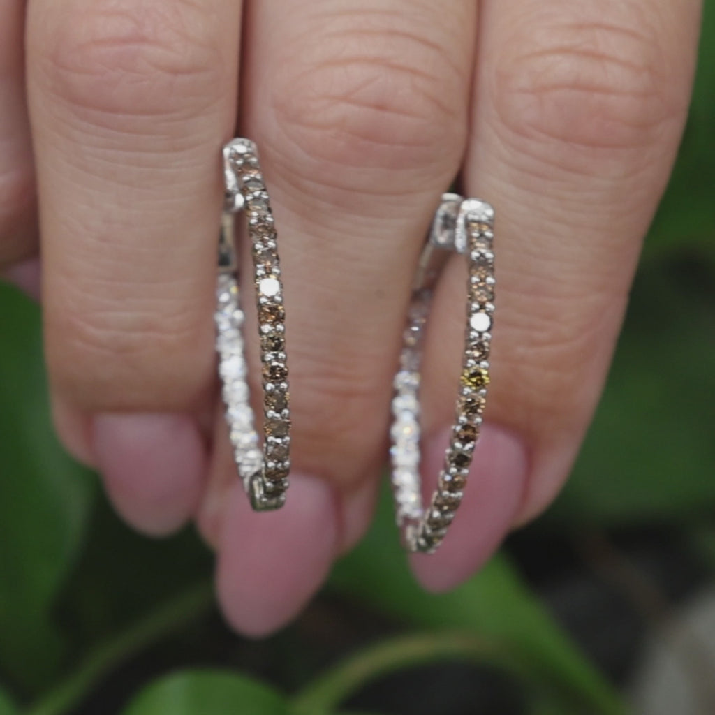 14K White Gold 1.60CTW Natural Cognac & White Diamond Inside Out Hoop Earrings