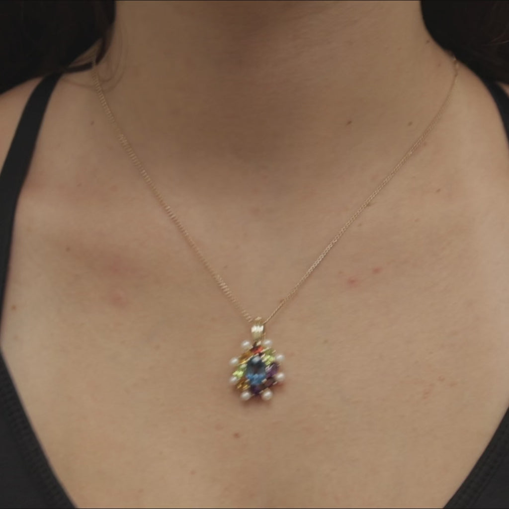 Multi Gemstone Pearl Floral Pendant Charm 14K Yellow Gold 4.23 CTW 1" Estate