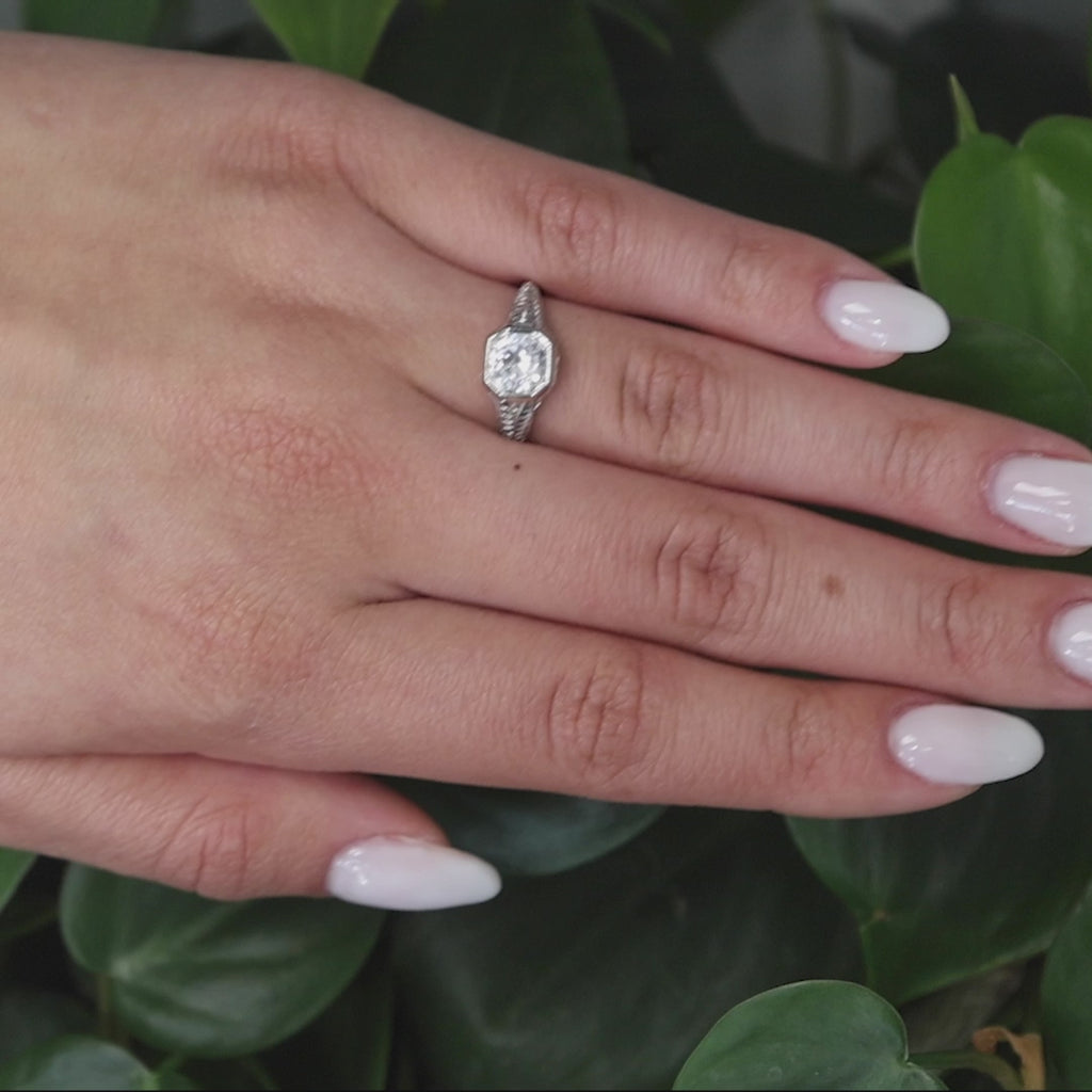 Vintage Solitaire White Sapphire Filigree Ring 18K White Gold 1.45 CT Size 7.5