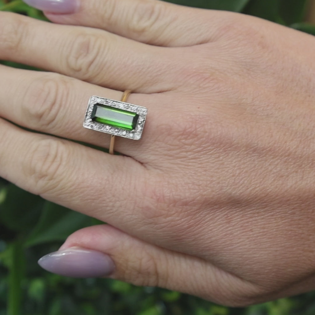 Natural Green Tourmaline Diamond Ring Two Tone Gold 2.30 CTW Size 7.75 Vintage