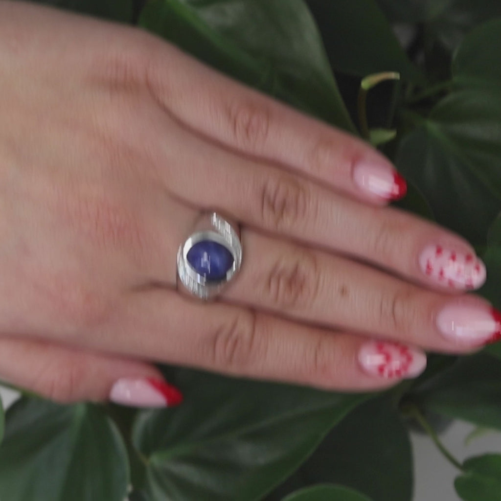 Star Sapphire Diamond Ring 10K White Gold Cabochon Gemstone 3.35 CTW Size 10.5