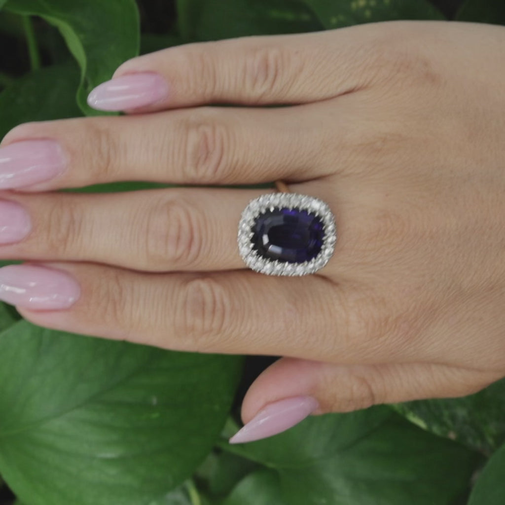 Two-Tone Gold 13.50CT Lab Grown Blue Sapphire and 1.44CT Quartz Halo Ring Sz 7.5