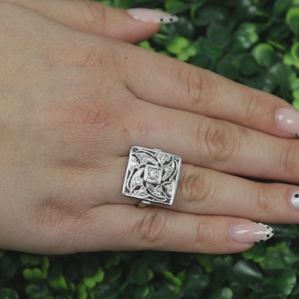 Vintage Diamond Square Filigree Ring White Gold 0.38 TW Size 7 Ladies Estate