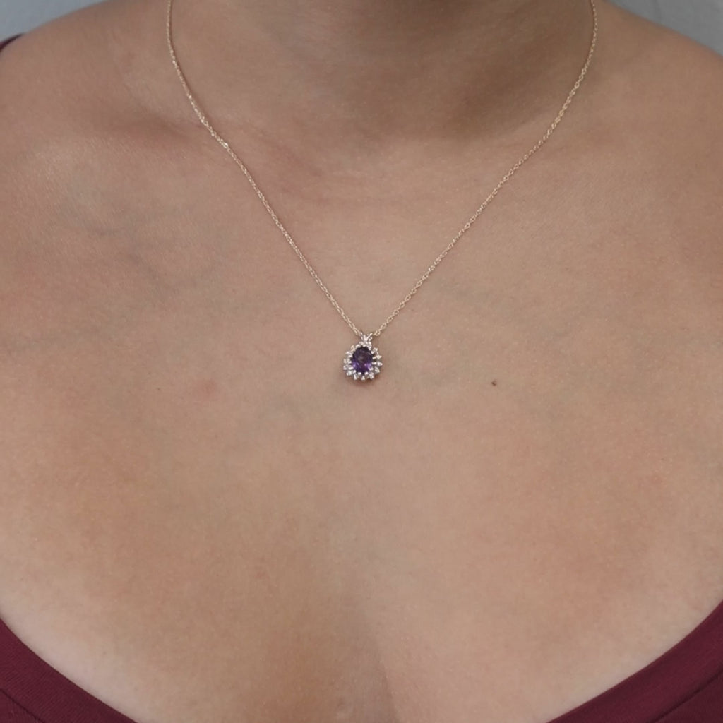 Amethyst Halo Diamond Floral Pendant Chain Necklace 14K Yellow Gold 0.89 CTW 18"