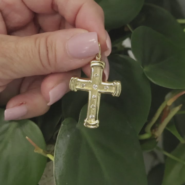 18K Yellow Gold 0.33ctw Diamond Brushed Polished Cross Pendant Charm