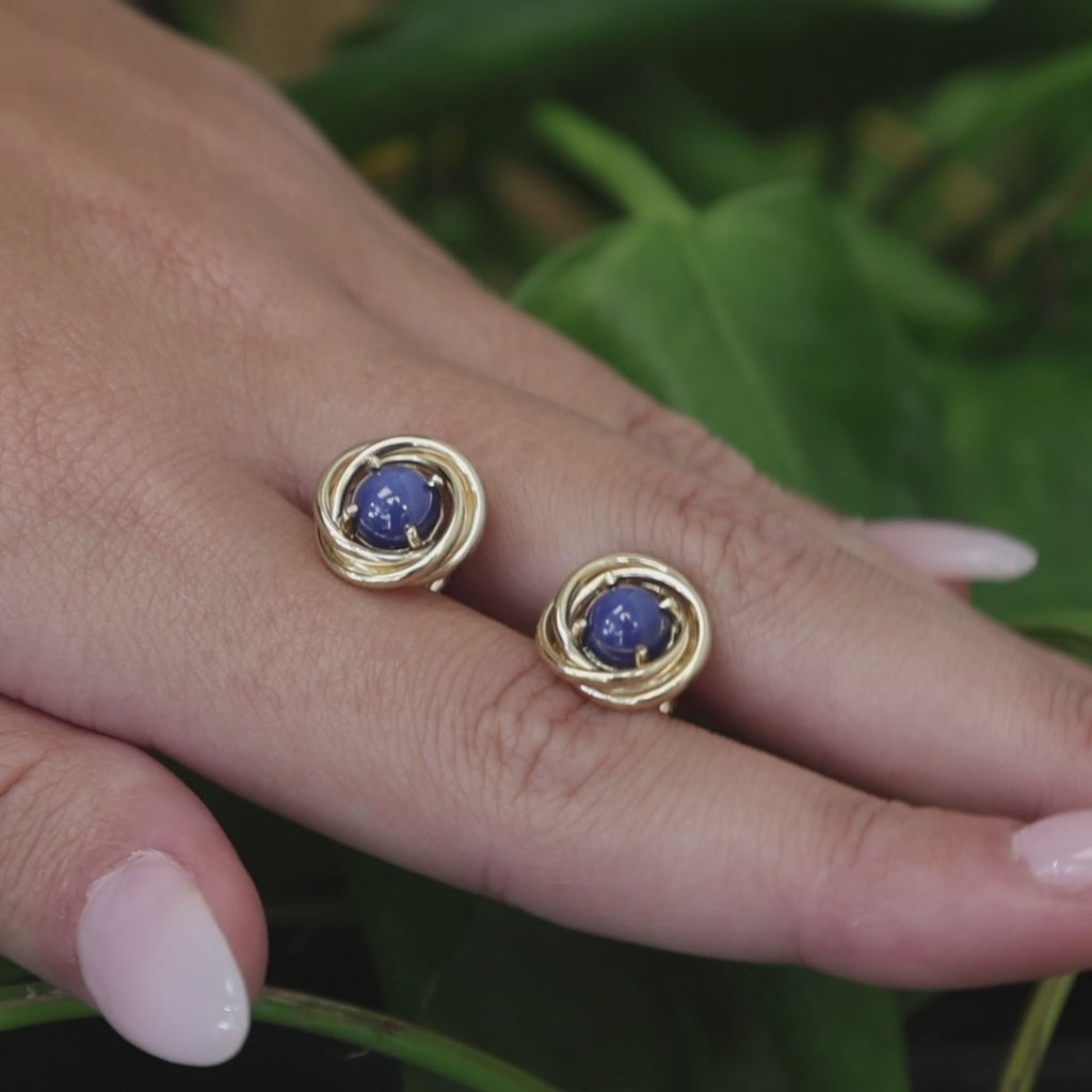 14K Yellow Gold Blue Star Sapphire Round Stud Earrings Lab Created Screw Backs