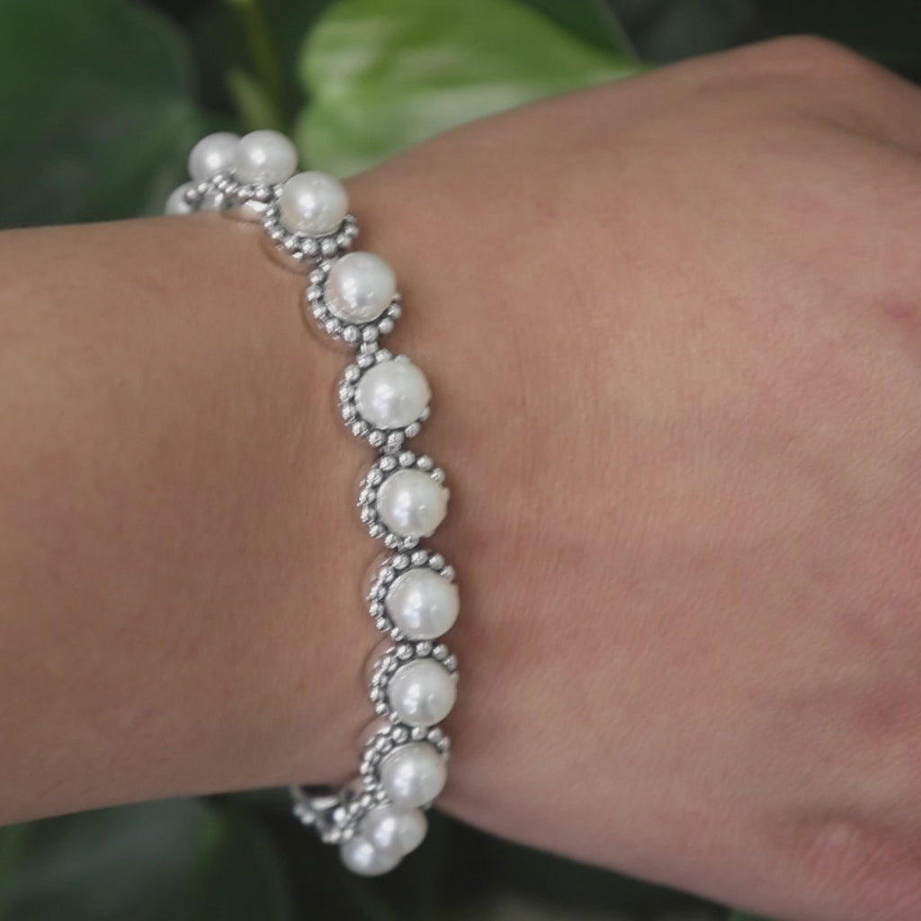 Freshwater Pearl Gemstone Station Bracelet Sterling Silver Ladies Estate 7.75"